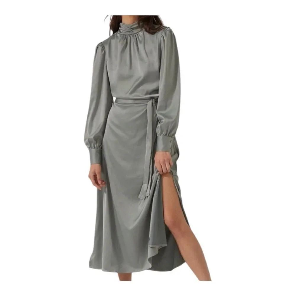 Nasty Gal satin high neck belted midi dress in size 8